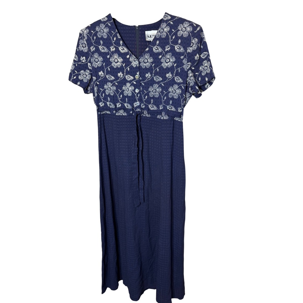 Vintage SL Fashions Navy Blue Floral Embroidered Empire Waist Maxi Dress 10 USA
